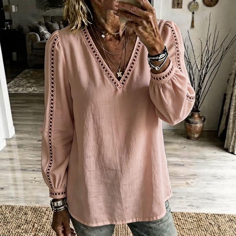 Hollow Out Loose Women's Blouse 2026 Long Sleeve V Neck Spring Autumn Lace Shirt Vintage Casual Solid Color Tops for Daily Life