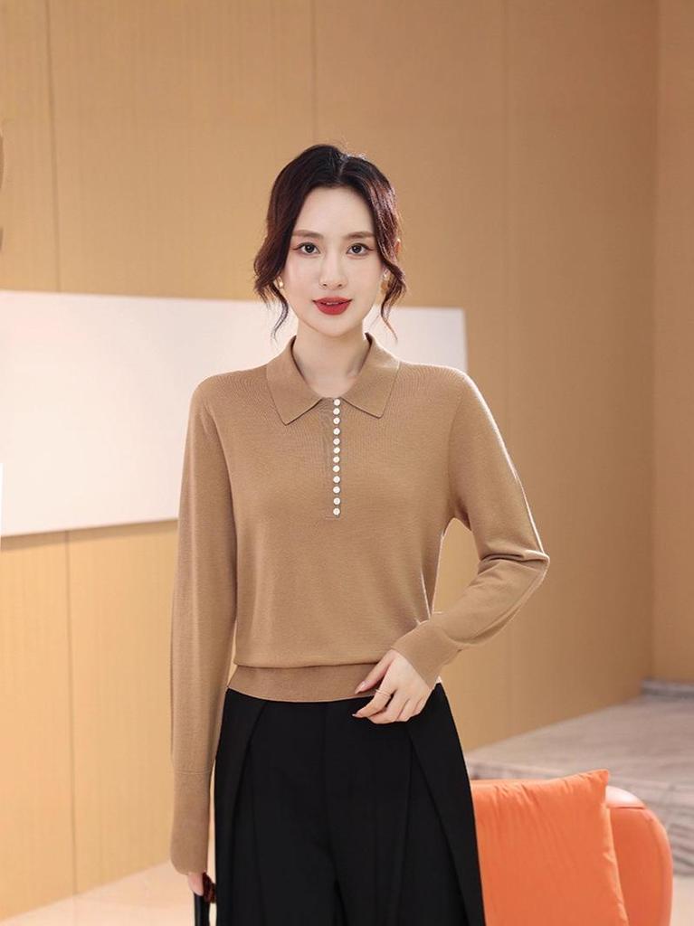 Women's Machine Washable Wool Sweater - Elegant High IQ Fine Knit Polo Collar Pullover for Winter