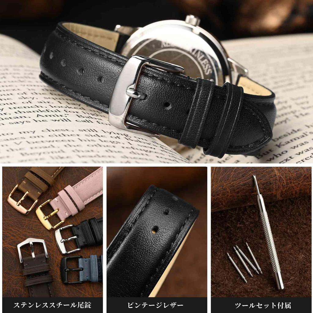 WOCCI 20mm Watch Replacement Watch Vintage Genuine Leather Watch Band with Tonal Includes Adjustment Tool and Spring Bars Strap, Strap, (Black