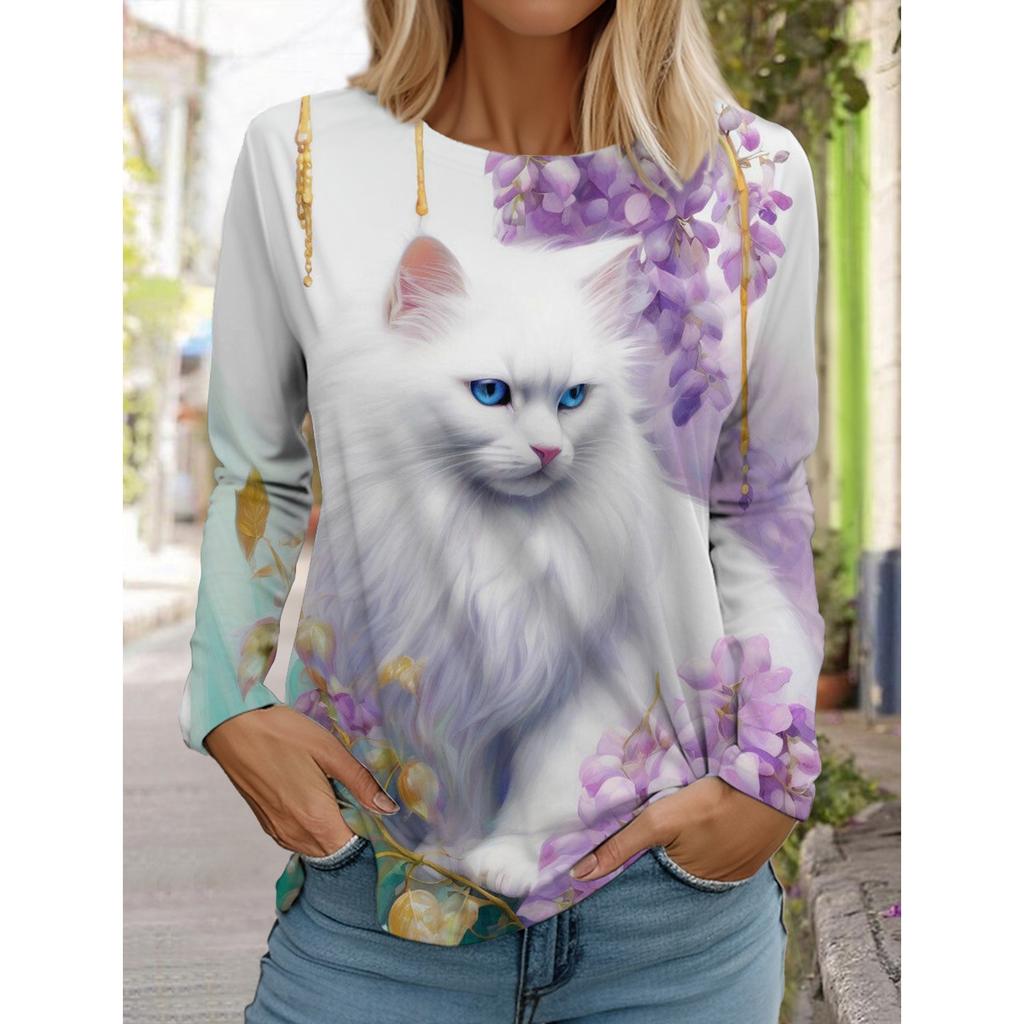 2025 Autumn and Winter Women's Long Sleeve 3D Printed Cute Cat T-Shirt, Streetwear, Round Neck Long Sleeve