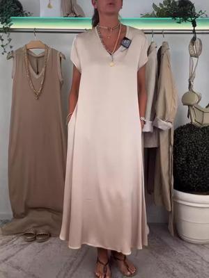2024 Autumn European & American Fashion Satin V-Neck Short Sleeve Dress