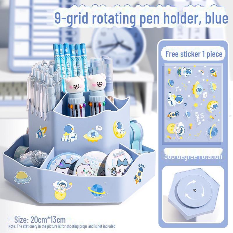 

Вращающийся держатель для пера: Многофункциональный органайзер для канцелярских принадлежностей с девятью ячейками для студентов и офиса синий