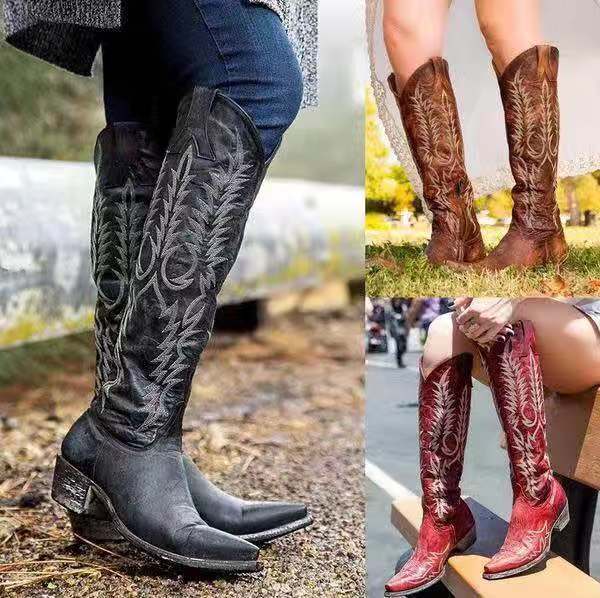 Women Knee-High Modern Boots Square Heel Pointed Toe Embroidered Long Boots Large Size Low Heels Women Shoes Retro Red Brown