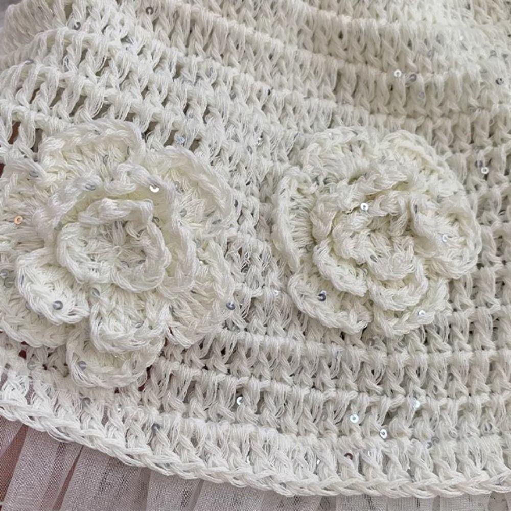 Hollow Out Lace Beanies Hat Glitter Sequin Knitted Hat Cute Crochet Flower Hat  Apparel Accessories