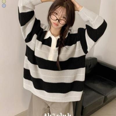 The Pink Rowing Overfit Stripe Color Block Button Collar Knit
