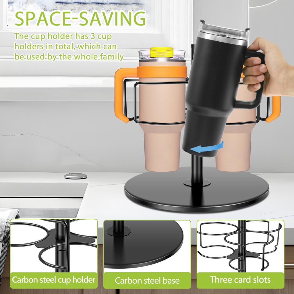 360° Rotatable Cup Organizer 40oz Cup Carbon Steel Tumbler Holder 3 Slots Water Bottle Storage Rack Cup Accessories for Kitchen