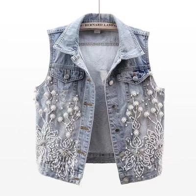 Gilet di Jeans Corto da Donna per Primavera ed Estate Design Floreale Bottoni Vecchio Personalizzato Top da Pendolare
