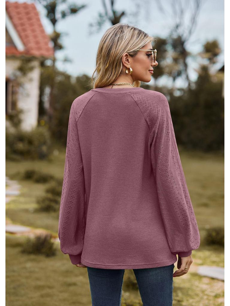 2023 European & American Solid Color V-Neck Splicing Long-Sleeve Loose T-Shirt for Women