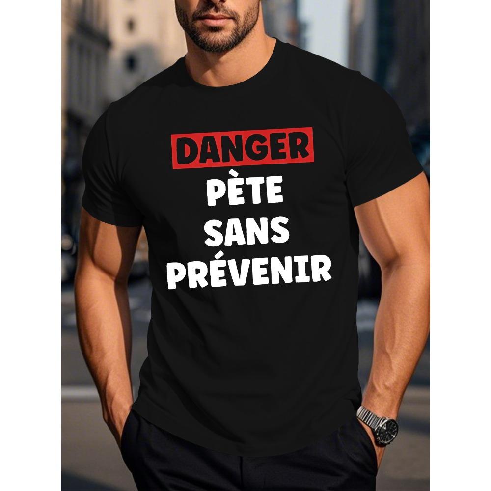 

European sizes Men S Fun French Humor Graphic T-Shirt - Danger, I M French Slogan with Geometric Prints, Vibrant Blue Casual Summer Top 4XL чорний