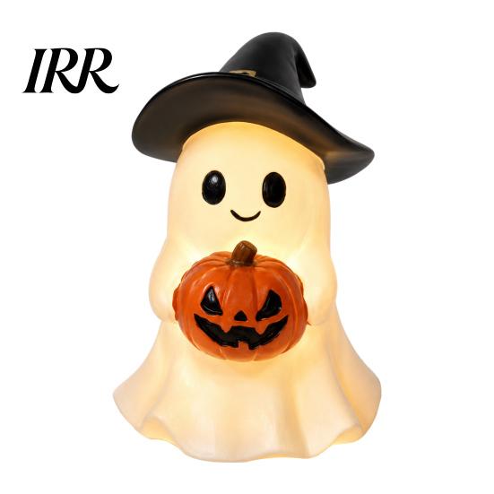 Safe Flameless Night Light Halloween Ghost Figurine, Cute Resin Holding Pumpkin Whimsical Statue for Desk Tabletop Indoor Home Decor Healing