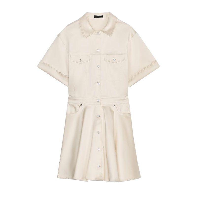 

Spring New Women s Clothing French Style Retro Lapels Short Sleeve Back Pleated Wide Hem Short Dress 4661328 Beige L