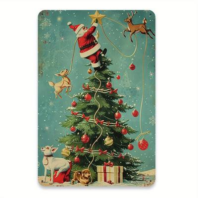2D Flat Vintage Naughty Santa On Tree Metal Sign - Durable Iron Wall Art, Festive Christmas Decor for Home Office Cafe Garden