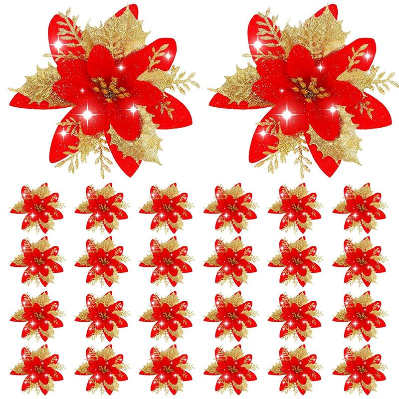 1bag 5pcs Christmas Decorations Glitter Polyester  Artificial Christmas Flowers for Christmas Tree Ornament Party Wreath Decor