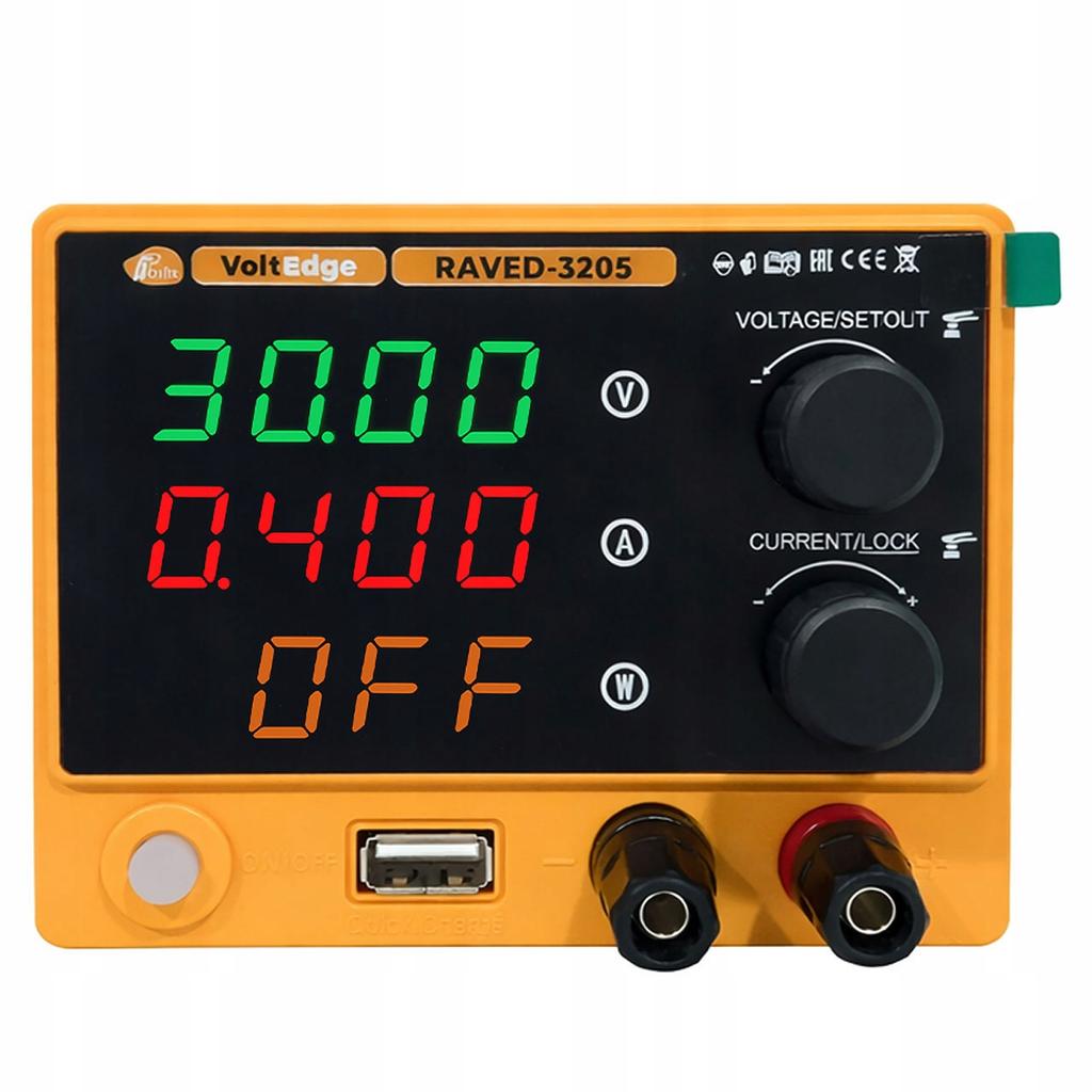 Rosfix VoltEdge RAVED-3205 – Labor-DC-Netzteil | 0-32V | 0-5A | USB QC 18W | Kompakt | Digitalanzeige | CV/CC