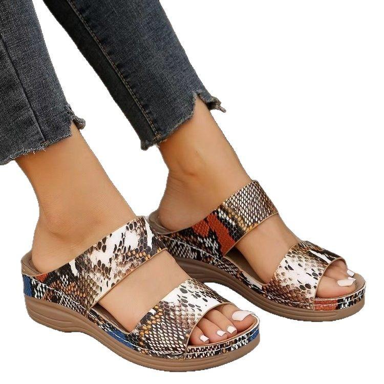 2025 new large size slippers women's slope heel snake pattern thick bottom one-word slippers fish mouth casual beach slippers