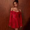 French Vintage Off Shoulder Dress Women Summer Fashion Slim Long Sleeve Slim High Waist Mini Dresses Girls Party Trendy Vacation Elegant Evening Dress