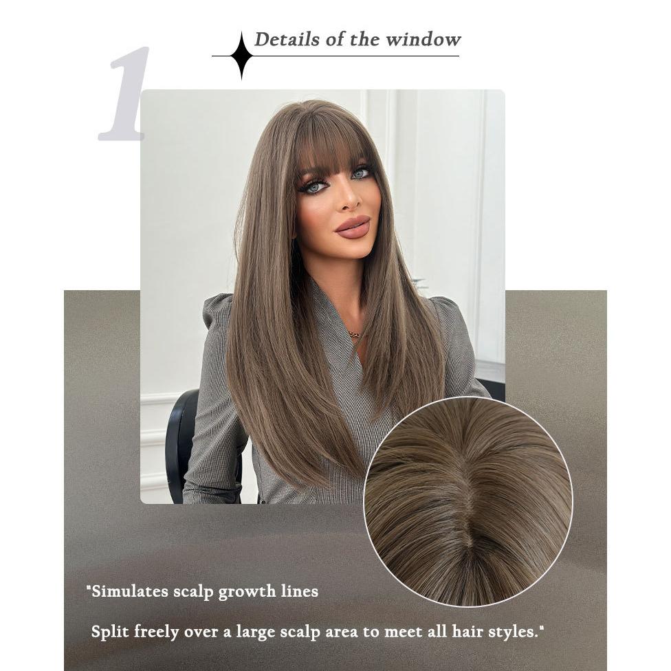 Herbata Brązowa Wewnętrzna Prosta Peruka dla Kobiet - Warstwowa Pełna Grzywka Pełna Czapka, Codzienne Szybkie Piękno, Peruka Wysokiej Jakości