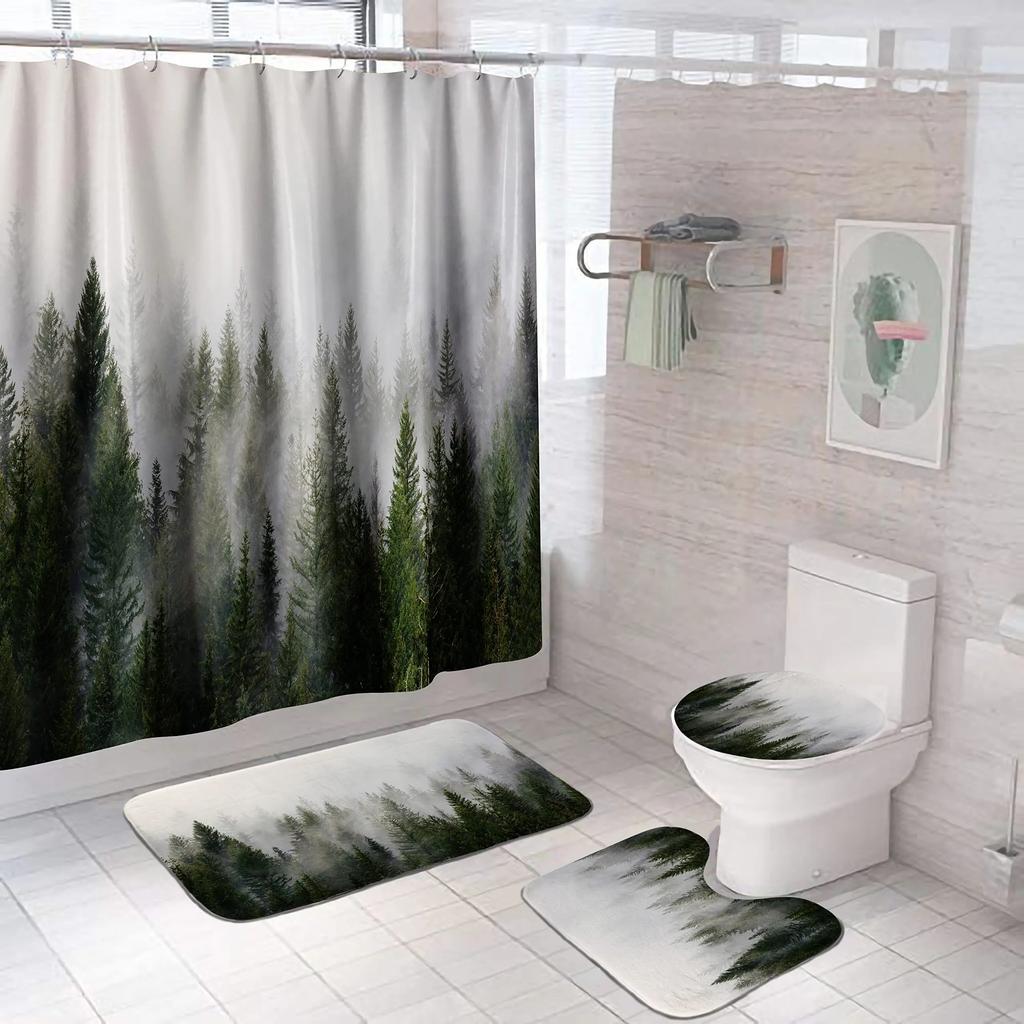 Forest Shower Curtain Set Non-Slip Rug Toilet Lid Cover Bath Mat Maple Leaf Bathroom Curtain Waterproof Natural Scenery Curtains
