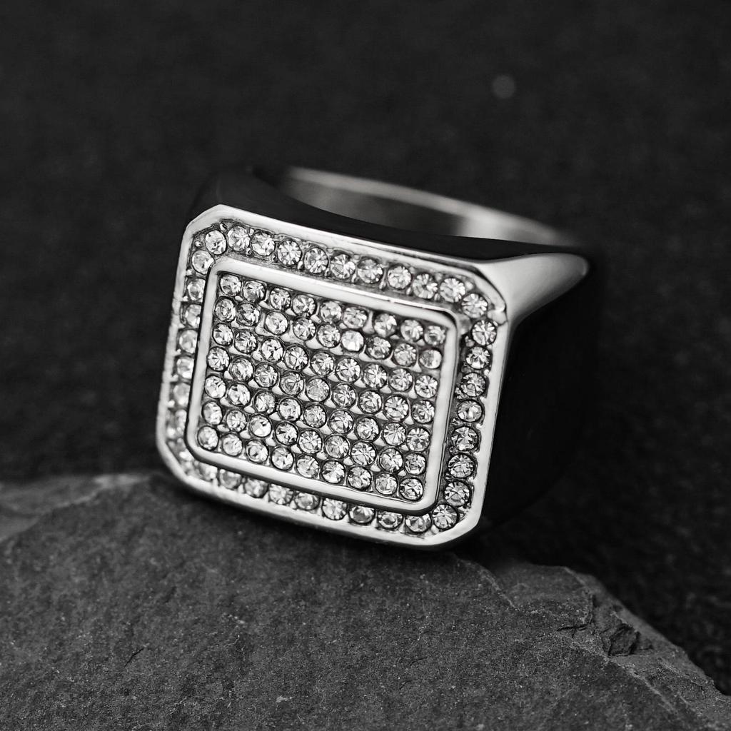 Men's Gold-Plated Diamond Square Ring, European & American Hip Hop Style, Personalized Trendy Titanium Steel Finger Ring