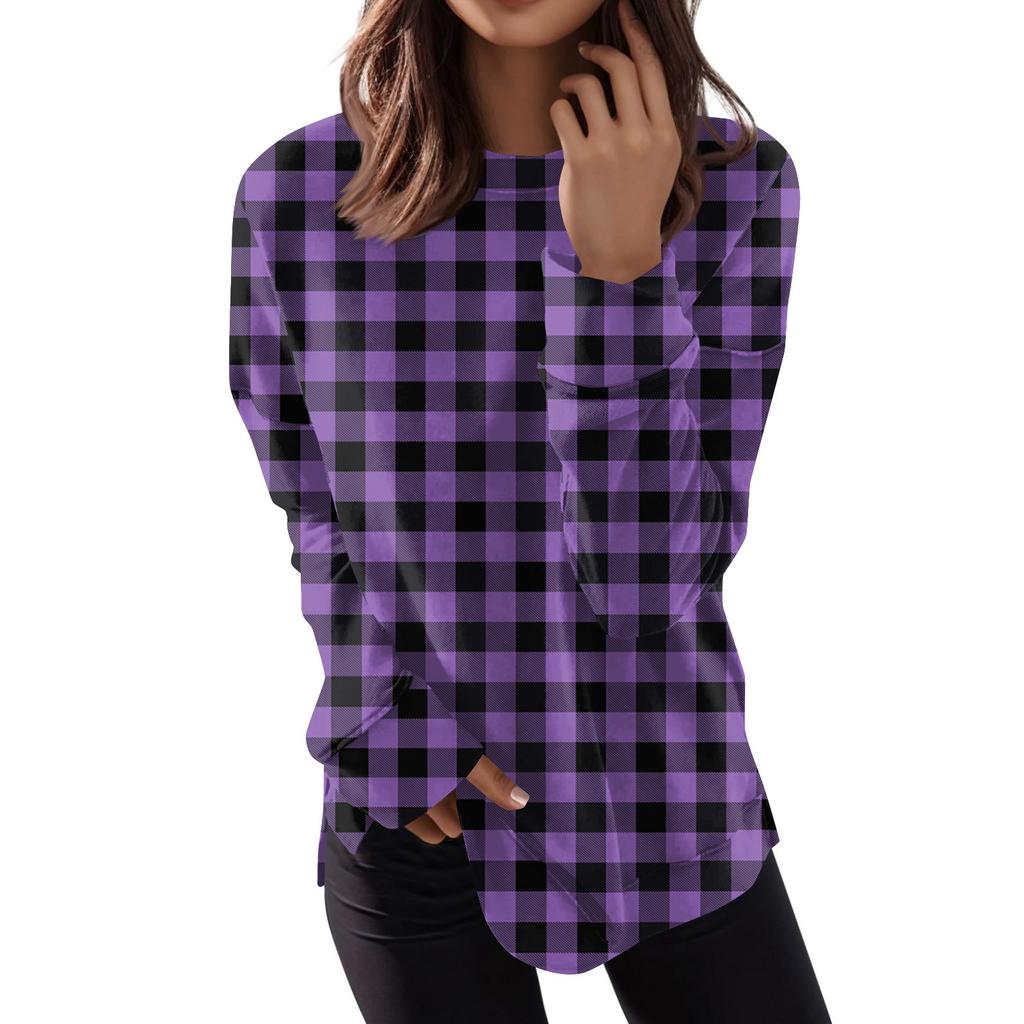 Women's Fashion Casual Long Sleeve Plaid Round Neck Top