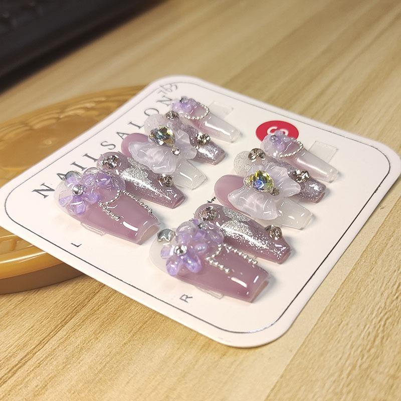 100% HANDMADE Coffin Shape Fake Nail Set With Glue Art Purple Starry Clear Iris Flower Applique Diamond Press On Nails Reusable and Removable