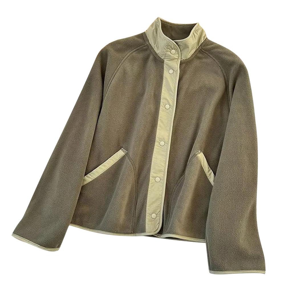 Women's Casual Patchwork Stand-collar Solid-color Long-sleeve Coat