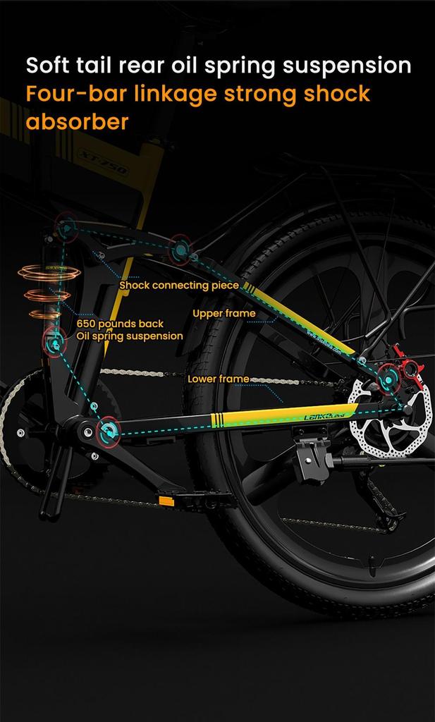 Foldable electric bicycle LANKELEISI XT750 Sport ,500W motor, a 48V 12.8Ah battery, a top speed of 35 km/h, a range of 110km, and 26*2.35 inch tires.