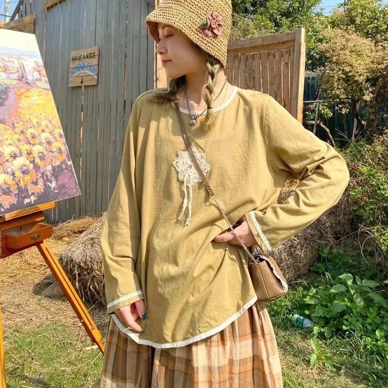 Johnature Casual Patchwork Lace Women T-Shirts Spring Japanese All Match O-neck Pulloer Female T-Shirts