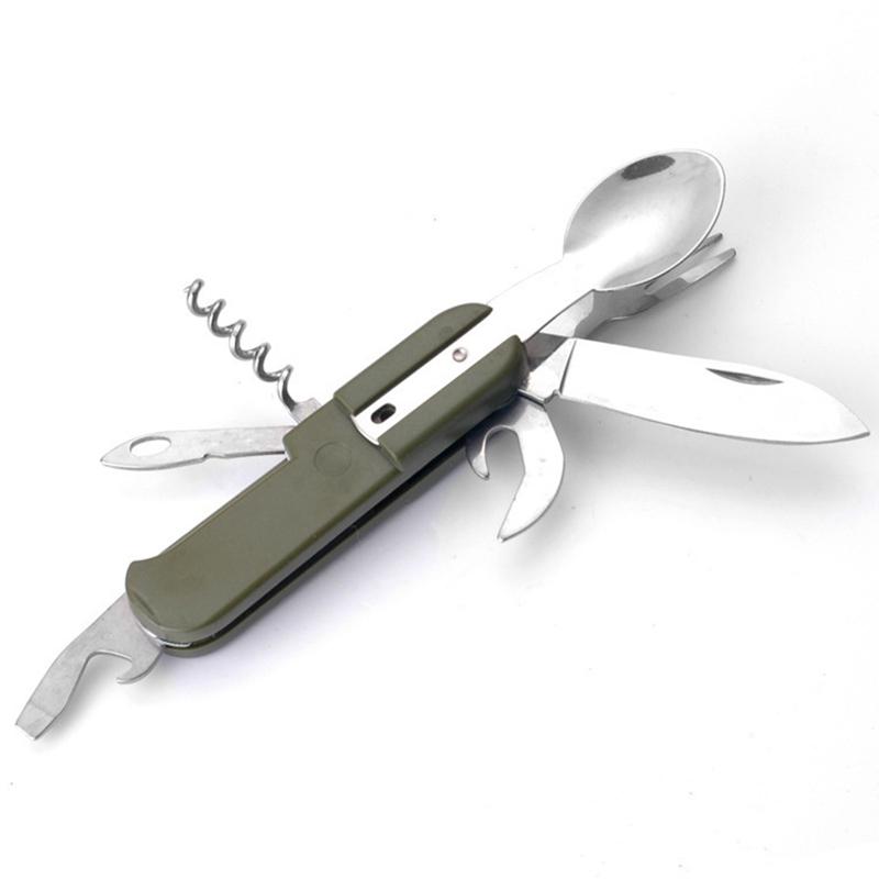 Stainless Steel 7 In 1 Camping Cutlery Set - Foldable Multifunctional Outdoor Tableware With Fork Spoon Knife For Picnic Hiking