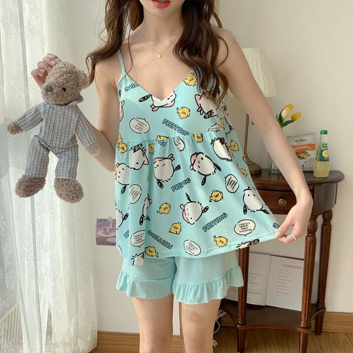 Ladies' Summer Padded Pajama Set: Bow & Suspenders Shorts, Casual Sports Style