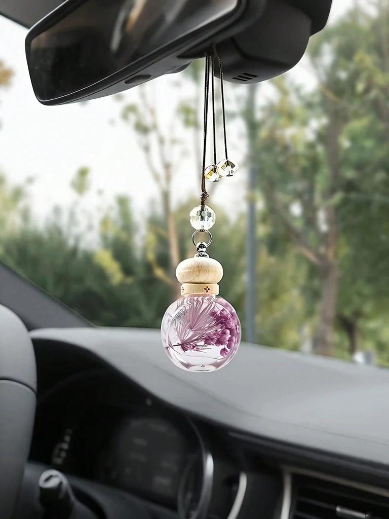 Car Fragrance Pendant - Empty Glass Bottle with Preserved Flowers, Refillable with Essential Oil or Perfume, Hanging Fragrance