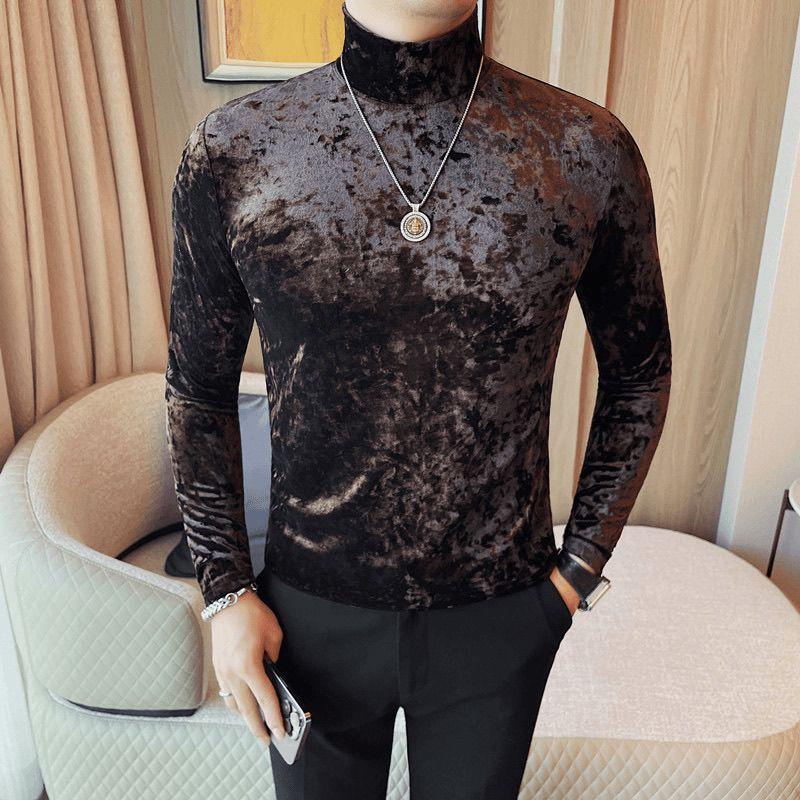 

Корейская мода мужские бархатные футболки весна осень воротник-стойка однотонные трендовые универсальные свободные свитера с длинным рукавом нижняя рубашка верх 5XL кофейный