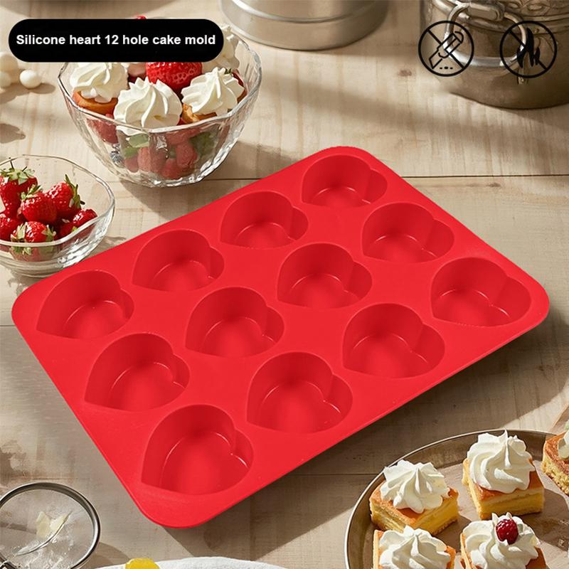 12 Cups Silicone Mold Muffin Cupcake Baking Pan Non Stick Dishwasher Microwave Safe Silicone Baking Mold (as the picture,Heart)