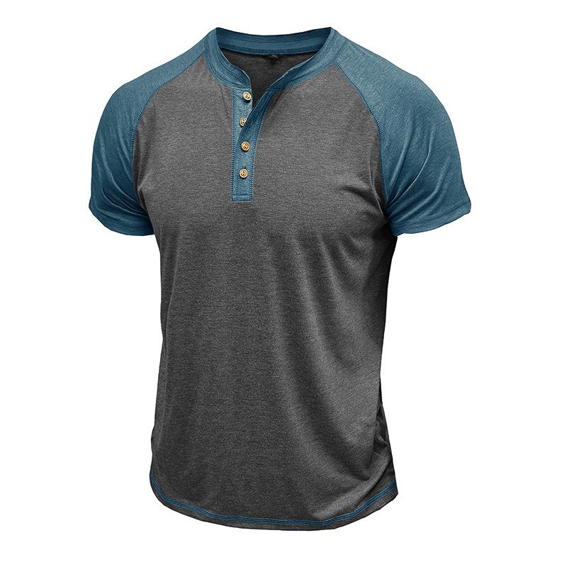 Men's Summer Short Sleeve T-Shirt Fashion Patchwork Henry Collar Button Casual Tees Tops