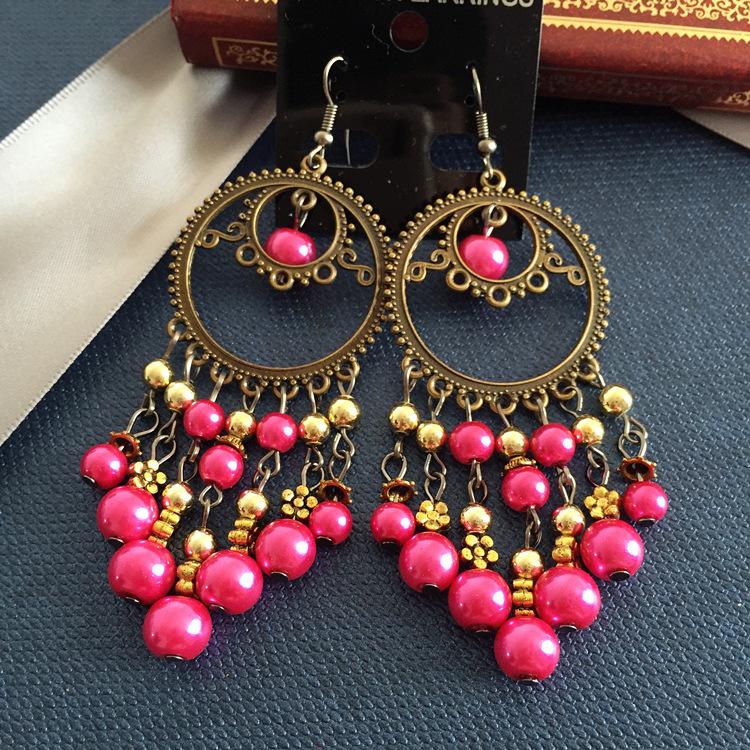 Vintage Celebrity Earrings Fashion Exaggerated Bohemian Tassel Pearl Bronze Long Beaded Earrings