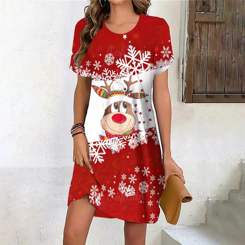 New Cartoon Moose Digital 3D Print Crew Neck Short-sleeve Pullover Stylish Casual Women's Dress