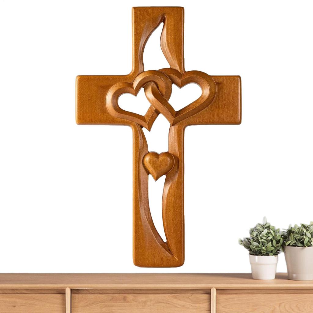 Hand-Carved Intertwined Hearts Wooden Cross Religious Hand-carved Decoration Rustic Hollow Heart Statue Wall Decor For Home