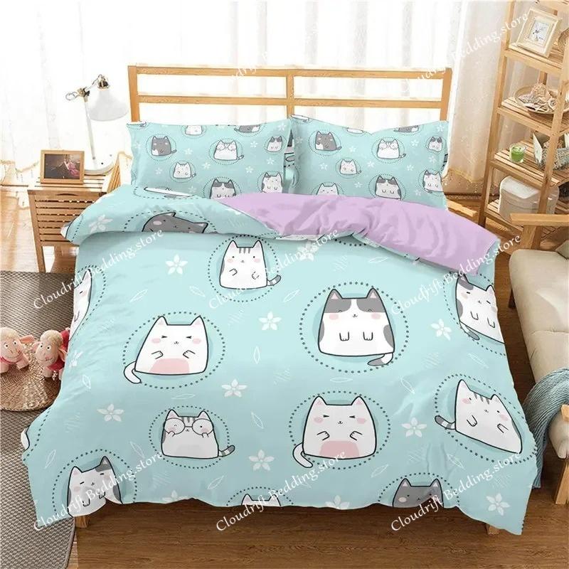 Kawaii Katt Dynetrekk Tegneserie Sengetøysett Mikrofiber Søt 3D Dyr Dundyne Trekk Twin Full King For Barn Gutt Jente Tenåringsrom