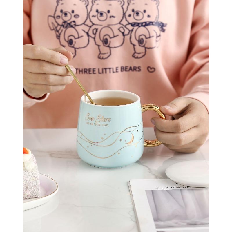 Kreative Leichte Luxus Gold Tasse Modische Goldener Henkel Keramiktasse Zuhause Kaffeetasse Geschäft Büro Zuhause Souvenir 400ml
