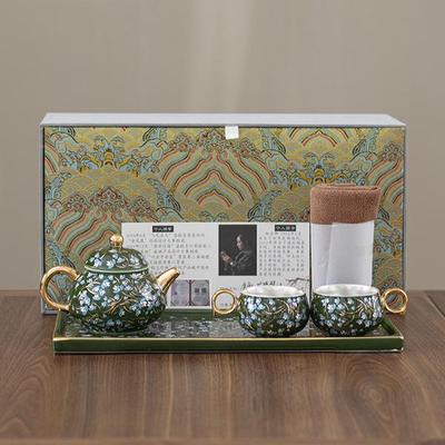 Cloisonné Silver Enamel Teapot & Tray Gilt Kung Fu Tea Set with Gift Box