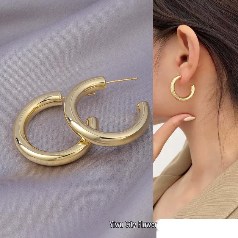 Retro Hong Kong Style Gold Plated Hoop Earrings - Versatile Cross-Border Fashion Studs