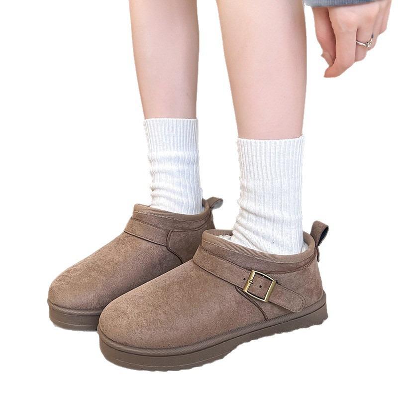 Snökängor med tjock sula dam nya vinter pälsintegrerade varma bomullsskor halkfria ytterkläder sammet korta stövlar