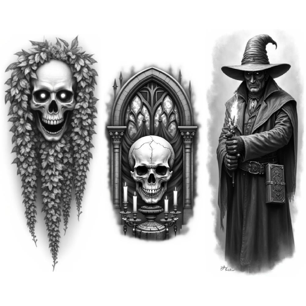 3pcs Temporary Tattoo Realistic Temporary Tattoos Dragon And Skates Skull With Ivy Wizard With Book For Adults Thighs Arms