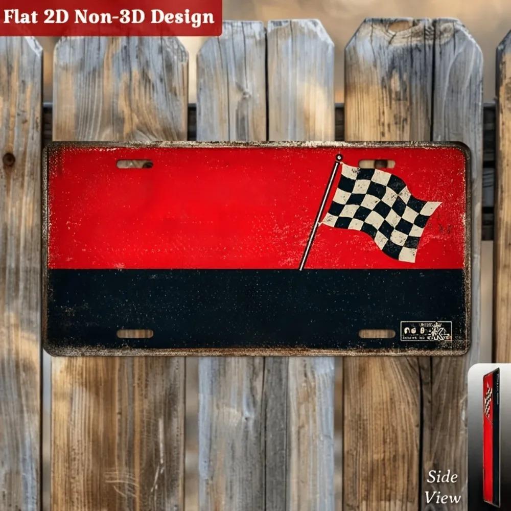 Vintage Racing Checkered Flag Metal License Plate Sign, Custom Personalized Wall Decor, 2D Flat Decorative Plaque