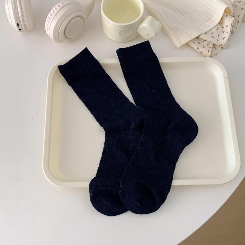

Korean Simple Tube Socks Women S Bow Versatile Thin Cotton Women S Socks Miu Solid Color Stacking Socks Spring And Autumn Stockings one size темно-синий