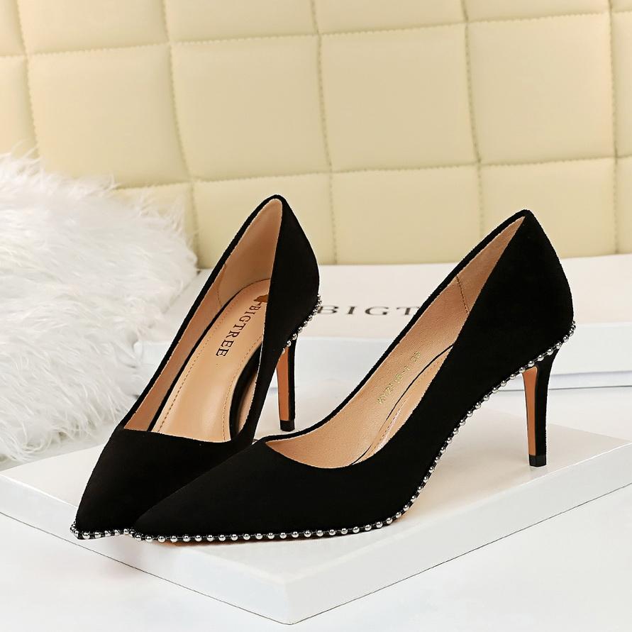 Fashion 2025 New Summer Fashion Women 8cm Or 10.5cm Thin High Heels Pumps Metal Black Pumps Studded Flock Pumps Ladies Valentine Shoes