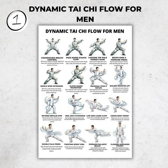 3Pcs Men Tai Chi Training Plan Guide for Posture Correction And Pain Relief Core Strength Flexibility Muscle Endurance Poster No Impact Exercise for