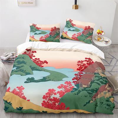 Japanese-Style Bedding Set Ukiyo-e Theme Comforter Cover Pink Cherry Blossoms Mountain Pattern Decor Duvet Cover For Kids Teens