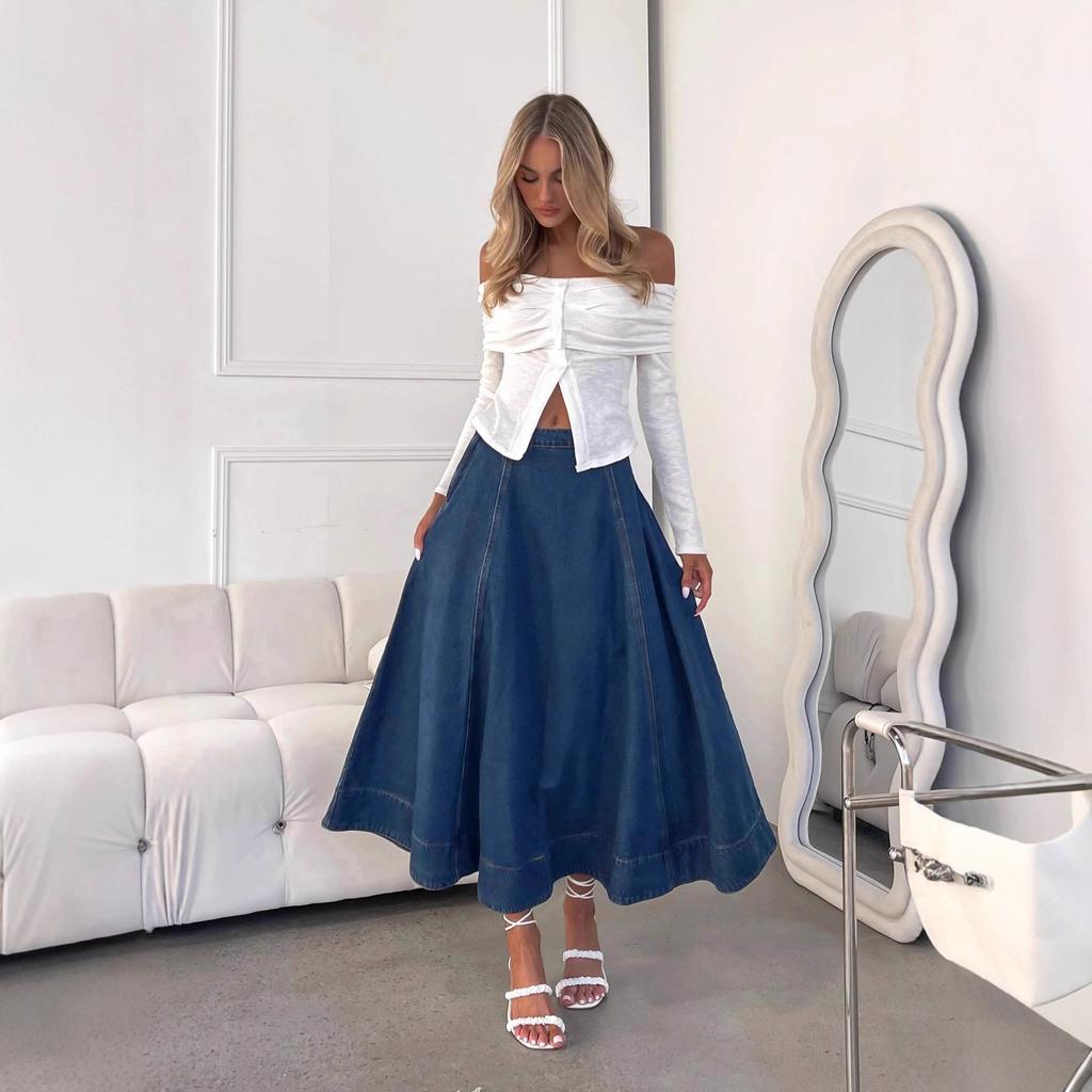 Women's High Waist A-Line Maxi Skirt Loose Fit Casual Solid Blue Denim Skirt