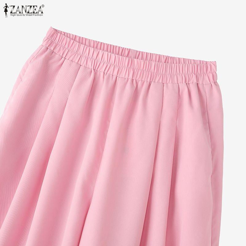ZANZEA Women Casual Elastic Waist Solid Color Loose Wide Leg Pants